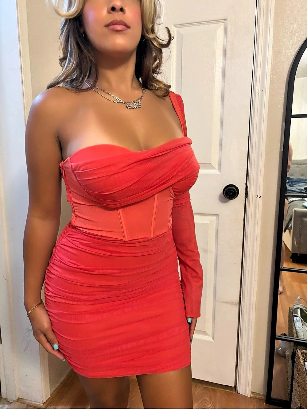 Ruched Off-Shoulder Mini Dress in Pink Like New